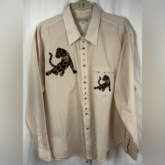 marquis Tops - Marquis Tan & White Striped Long Sleeve Embroidered Shirt, XL 17.5 35/36